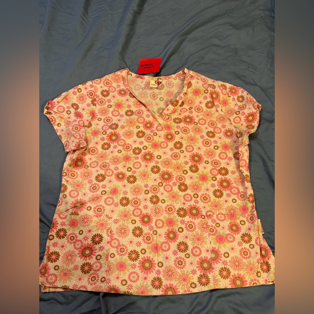 White Cross Floral Scrub Top